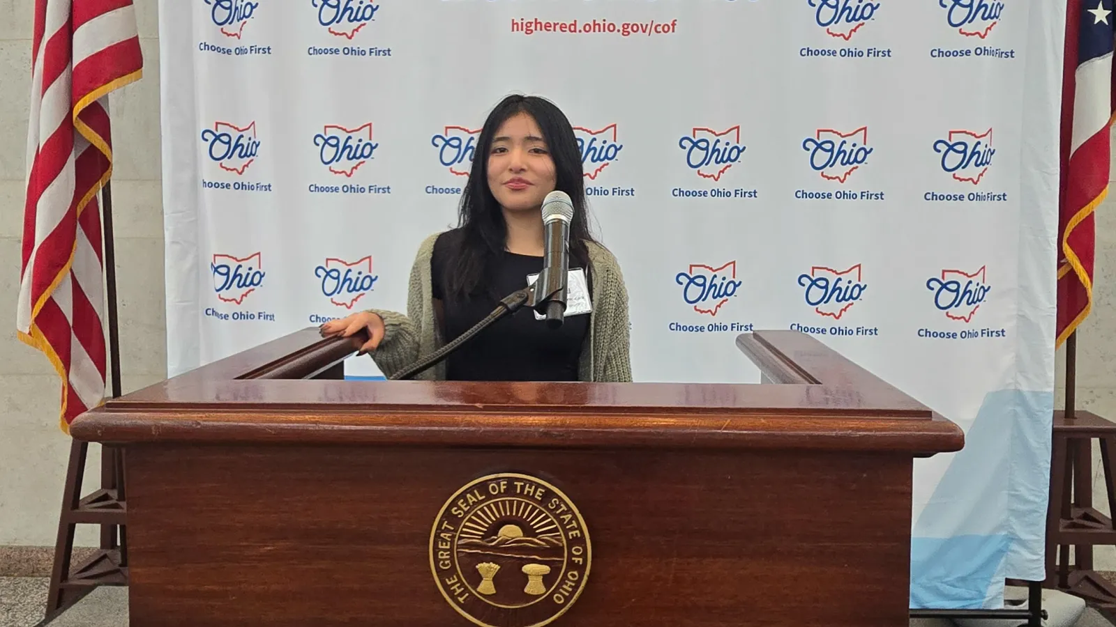 Ingrid Escalante-Hernandez at Ohio Statehouse podium