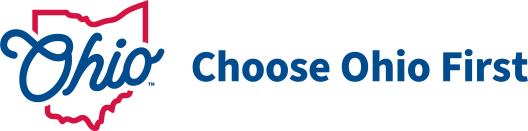 Choose Ohio First Scholarship logo with words in blue, red, and white color