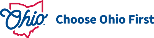 Choose Ohio First Scholarship logo with words in blue, red, and white color