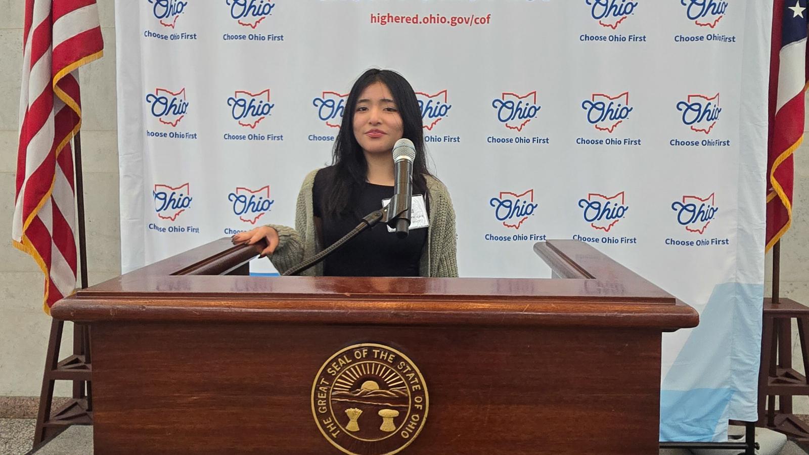 Ingrid Escalante-Hernandez at Ohio Statehouse podium